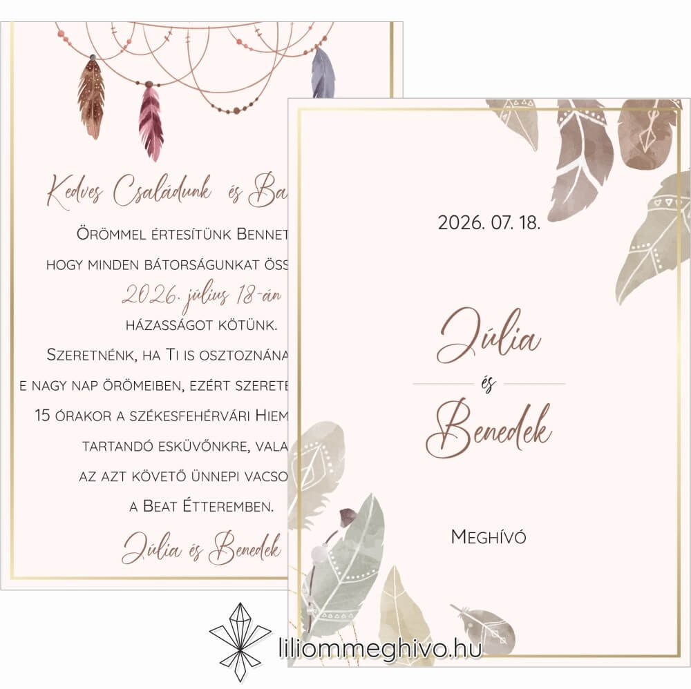 Indián esküvői meghívó pasztell színű tollakkal kétoldalas változat