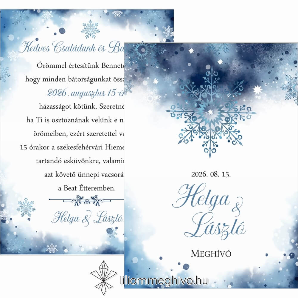 eskuvoi-meghivo-ketoldalas-jegvarazs-liliommeghivo Jégvarázs esküvői meghívó festett kék háttér szikrázó jégkristályok kétoldalas változat