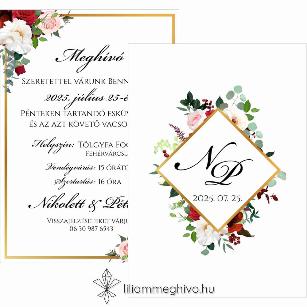 Rózsa esküvői meghívó rózsákkal arany kerettel kétoldalas változat