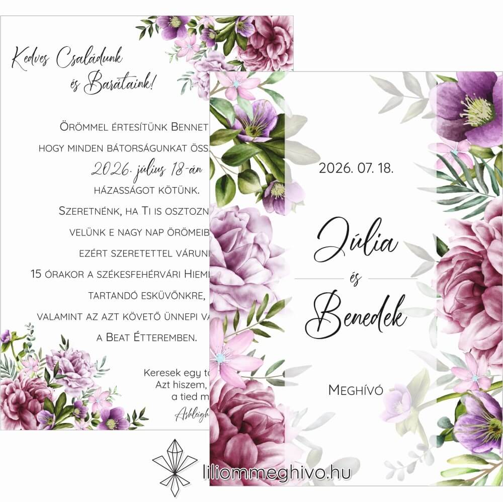 Szellőrózsa esküvői meghívó színes virágkerettel kétoldalas változat