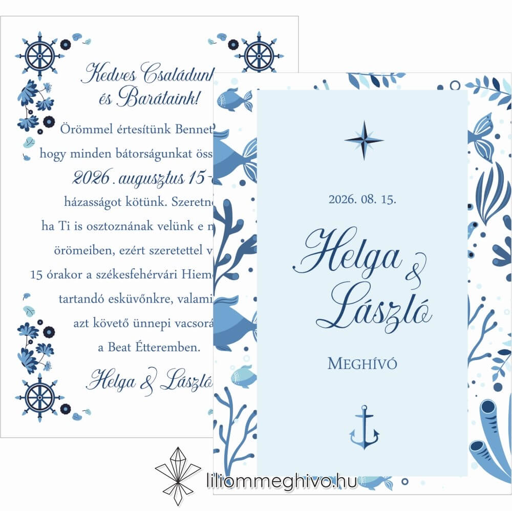 Vízivilág esküvői meghívó kék színek vizes grafikák kétoldalas változat