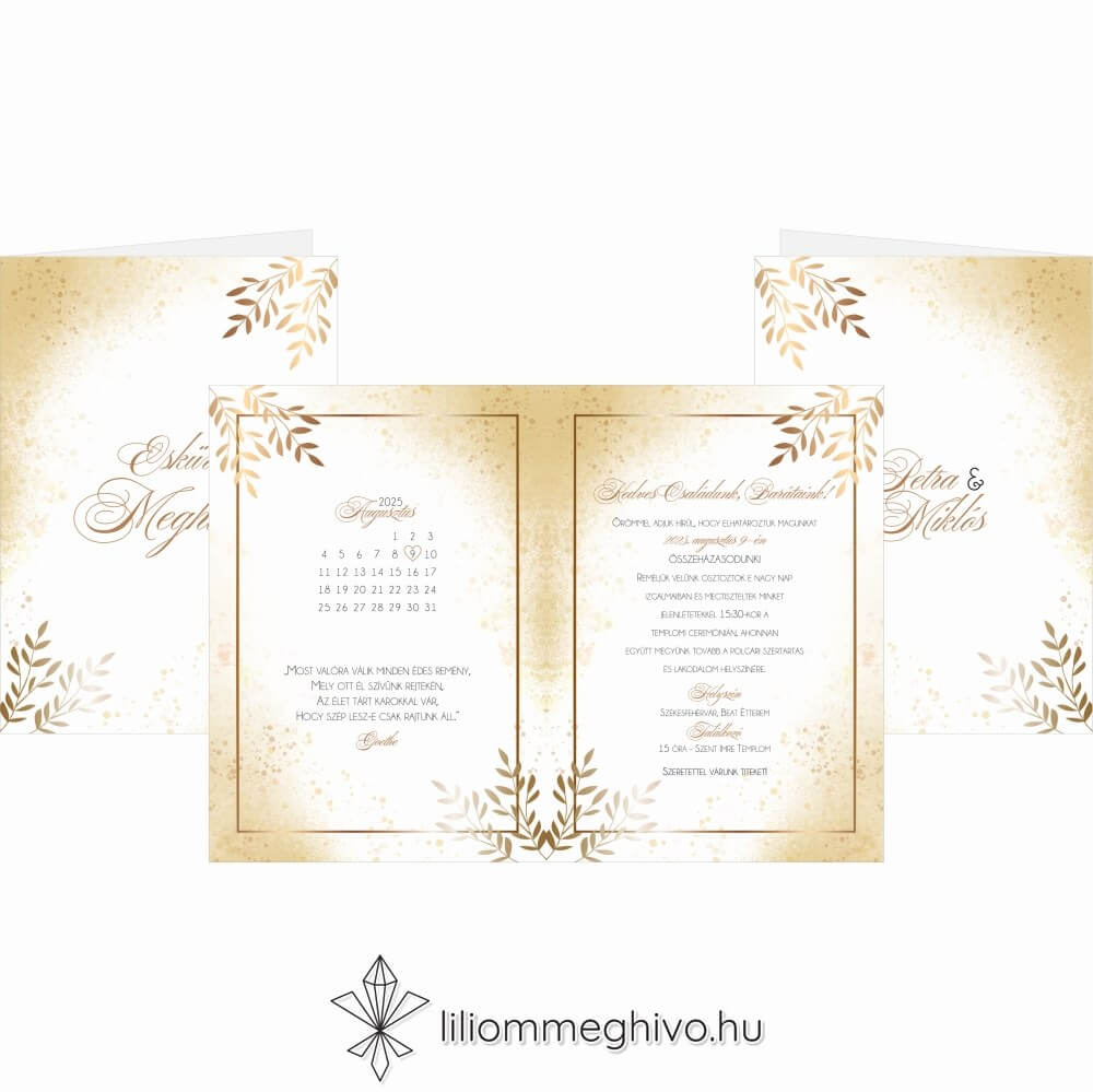 Aranypor esküvői meghívó elegáns arany színű csillogás négyoldalas verzió
