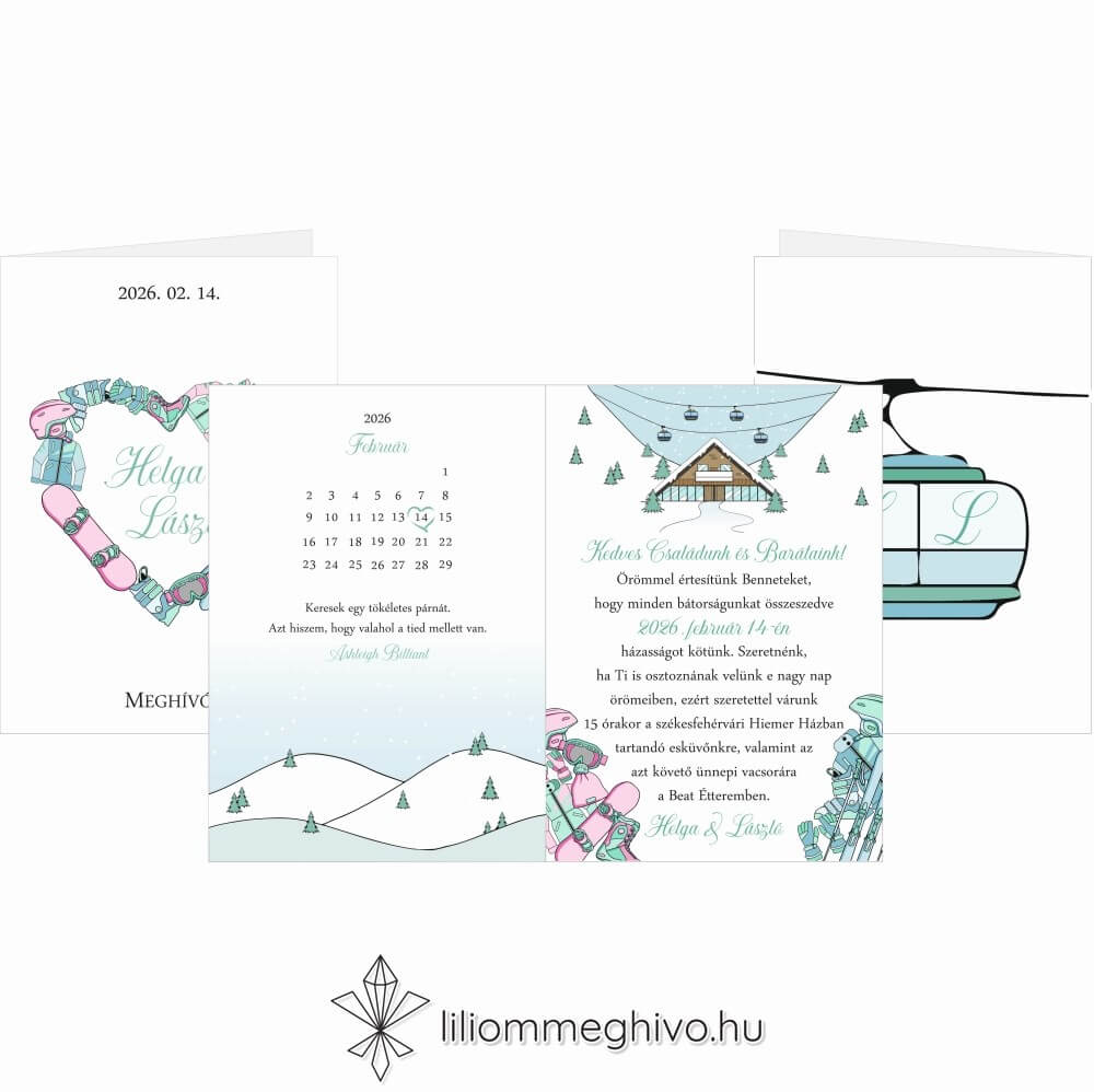 Hütte esküvői meghívó pasztell színek síelős hangulat négyoldalas változat