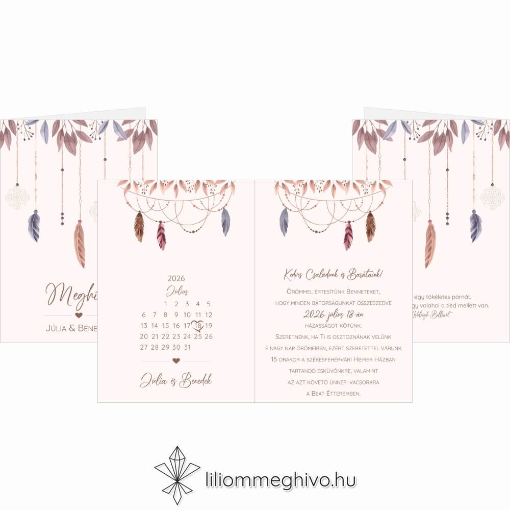 Indián esküvői meghívó pasztell színű tollakkal négyoldalas változat