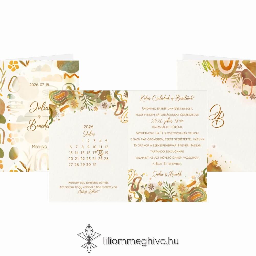 Őszi kavalkád esküvői meghívó pasztell színek levelek négyoldalas változat