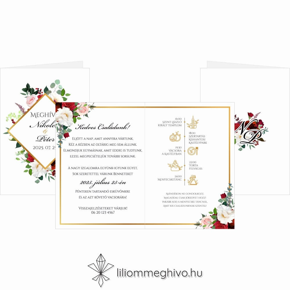 Rózsa esküvői meghívó rózsákkal arany kerettel négyoldalas változat