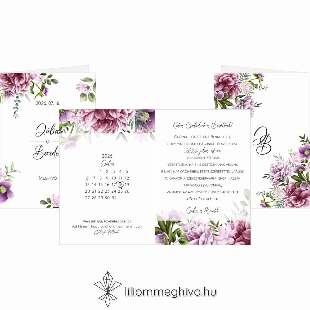 Szellőrózsa esküvői meghívó színes virágkerettel négyoldalas változat