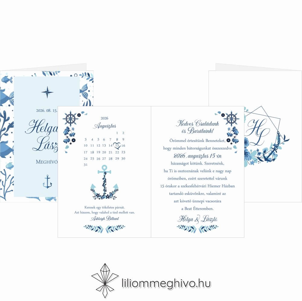 Vízivilág esküvői meghívó kék színek vizes grafikák négyoldalas változat