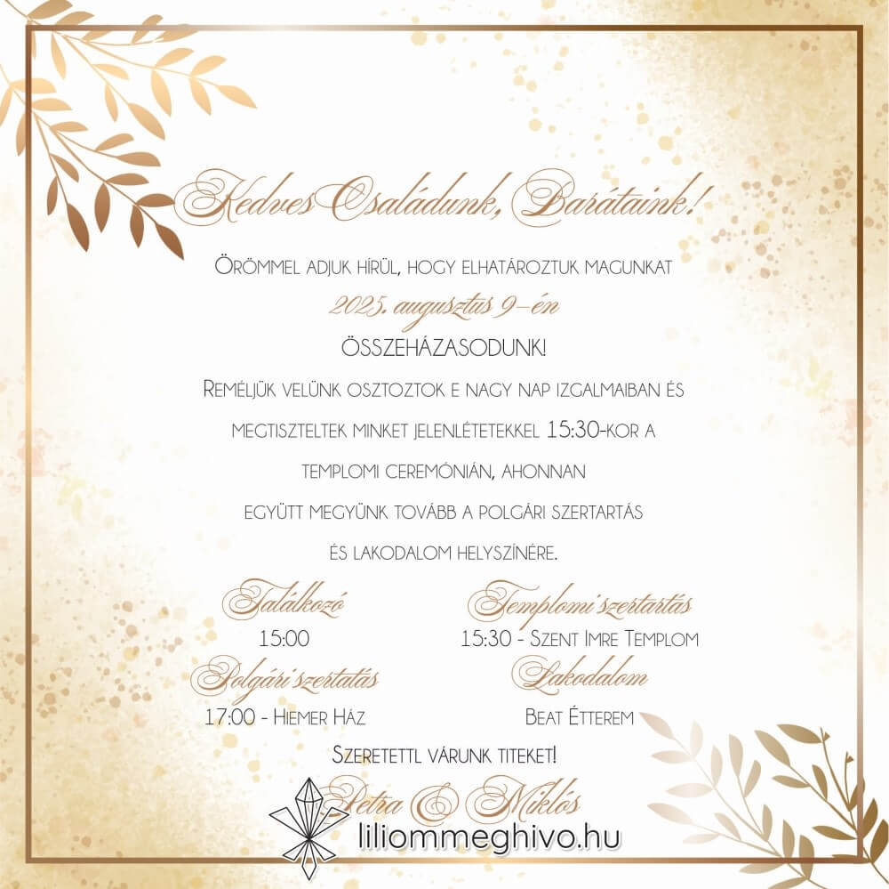 Aranypor esküvői meghívó elegáns arany színű csillogás négyzetes verzió