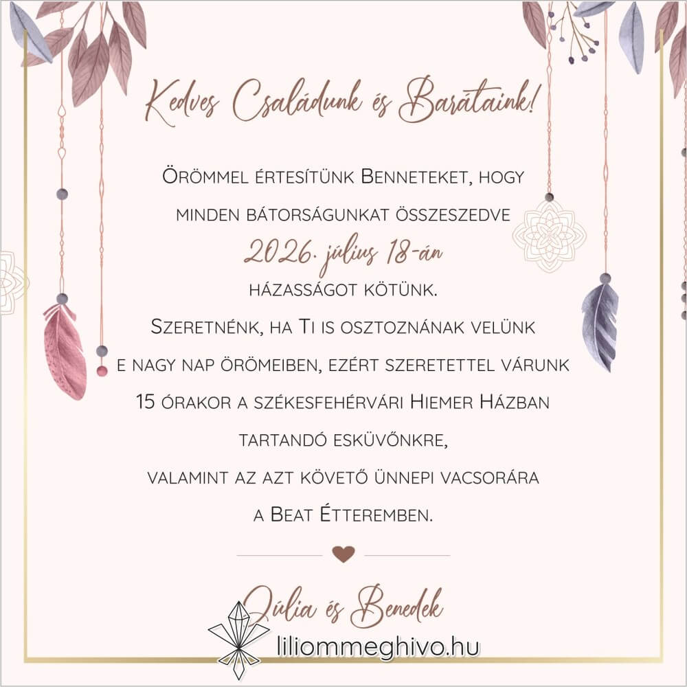 Indián esküvői meghívó pasztell színű tollakkal négyzetes változat