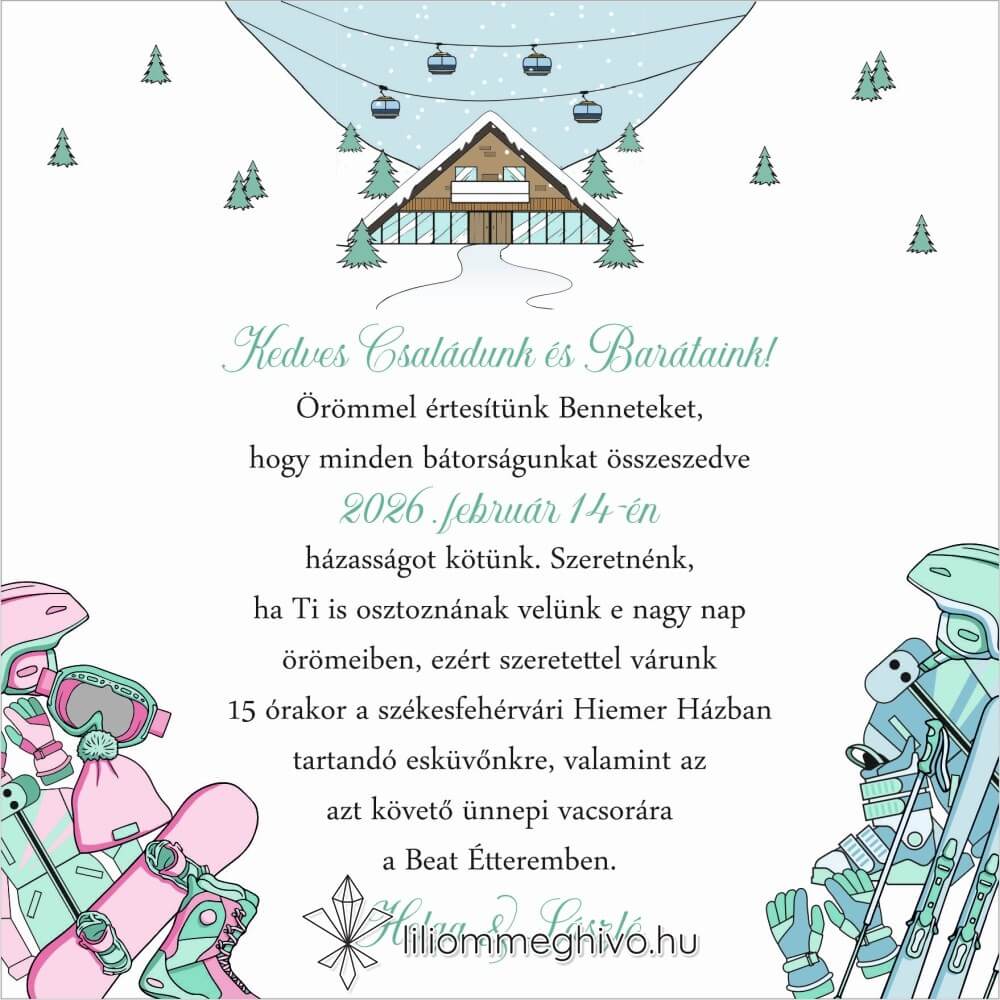 Hütte esküvői meghívó pasztell színek síelős hangulat négyzetes változat