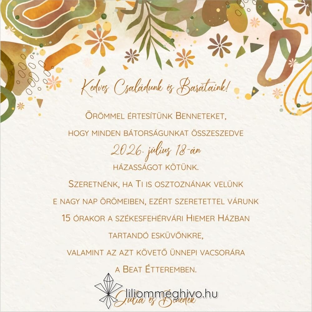 Őszi kavalkád esküvői meghívó pasztell színek levelek négyzetes változat