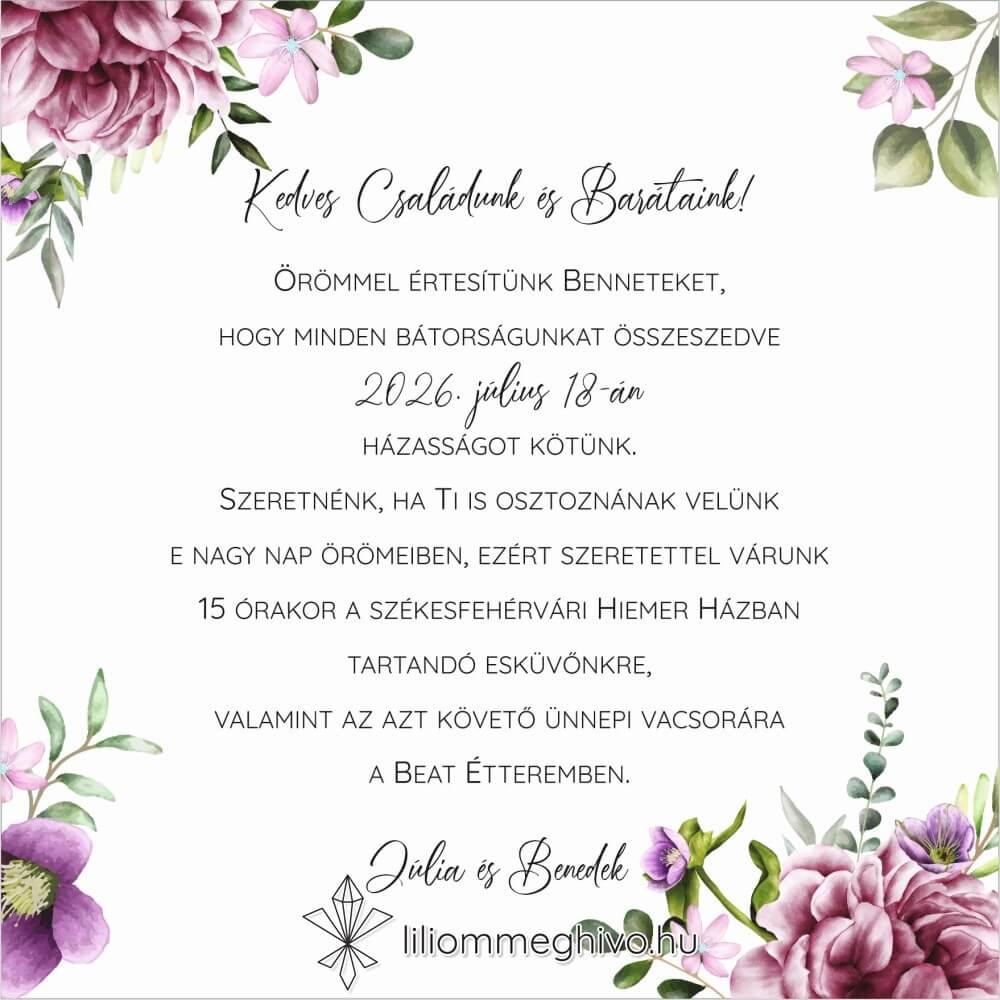 Szellőrózsa esküvői meghívó színes virágkerettel négyzetes változat