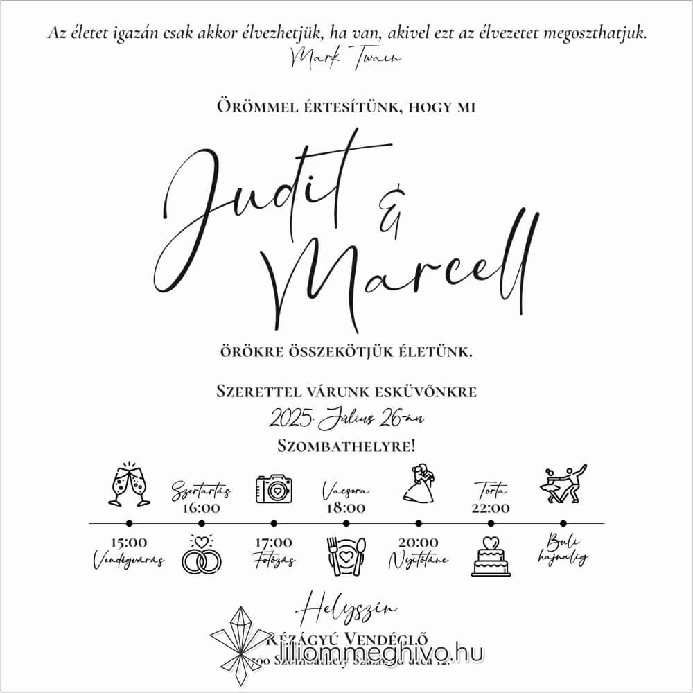 Szignó esküvői meghívó modern fekete-fehér stílus négyzetes változat