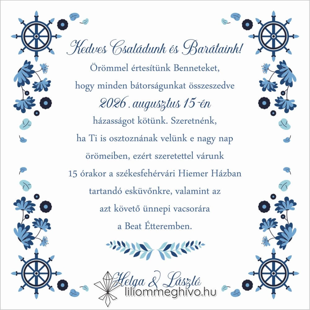 Vízivilág esküvői meghívó kék színek vizes grafikák négyzetes változat