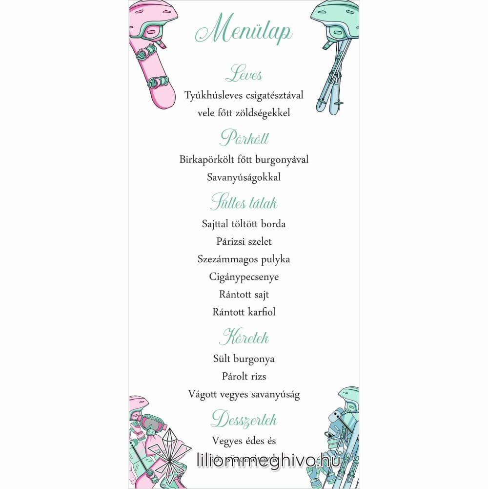 Hütte esküvői menükártya pasztell színek síelős hangulat egyoldalas változat