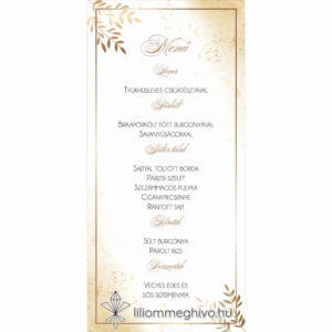 Aranypor esküvői menükártya elegáns arany színű csillogás egyoldalas verzió