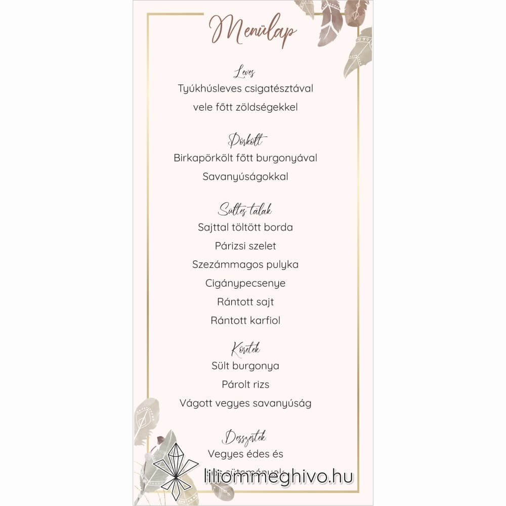 Indián esküvői menükártya pasztell színű tollakkal egyoldalas változat