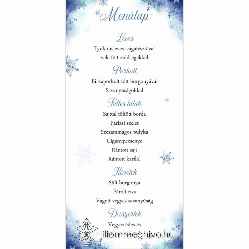Jégvarázs esküvői menükártya festett kék háttér szikrázó jégkristályok egyoldalas változat
