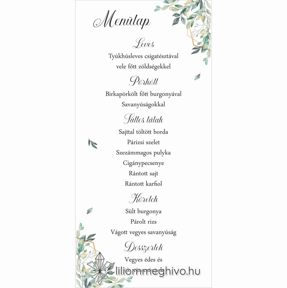 Kőris esküvői menükártya zöld színek greenery hangulat egyoldalas változat