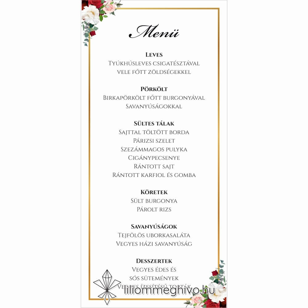 Rózsa esküvői menükártya rózsákkal arany kerettel egyoldalas változat