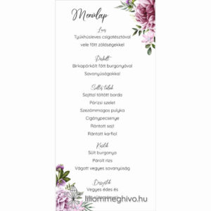 Szellőrózsa esküvői menükártya színes virágkerettel egyoldalas változat