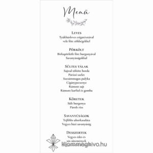 Szignó esküvői menükártya modern fekete-fehér stílus egyoldalas változat
