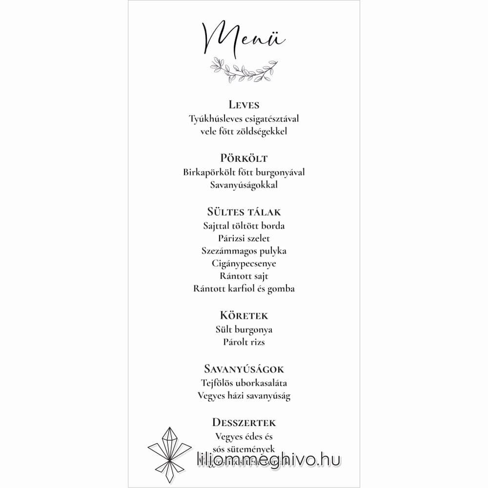 Szignó esküvői menükártya modern fekete-fehér stílus egyoldalas változat