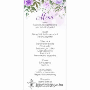 Tavasz esküvői menükártya lila virágokkal egyoldalas változat