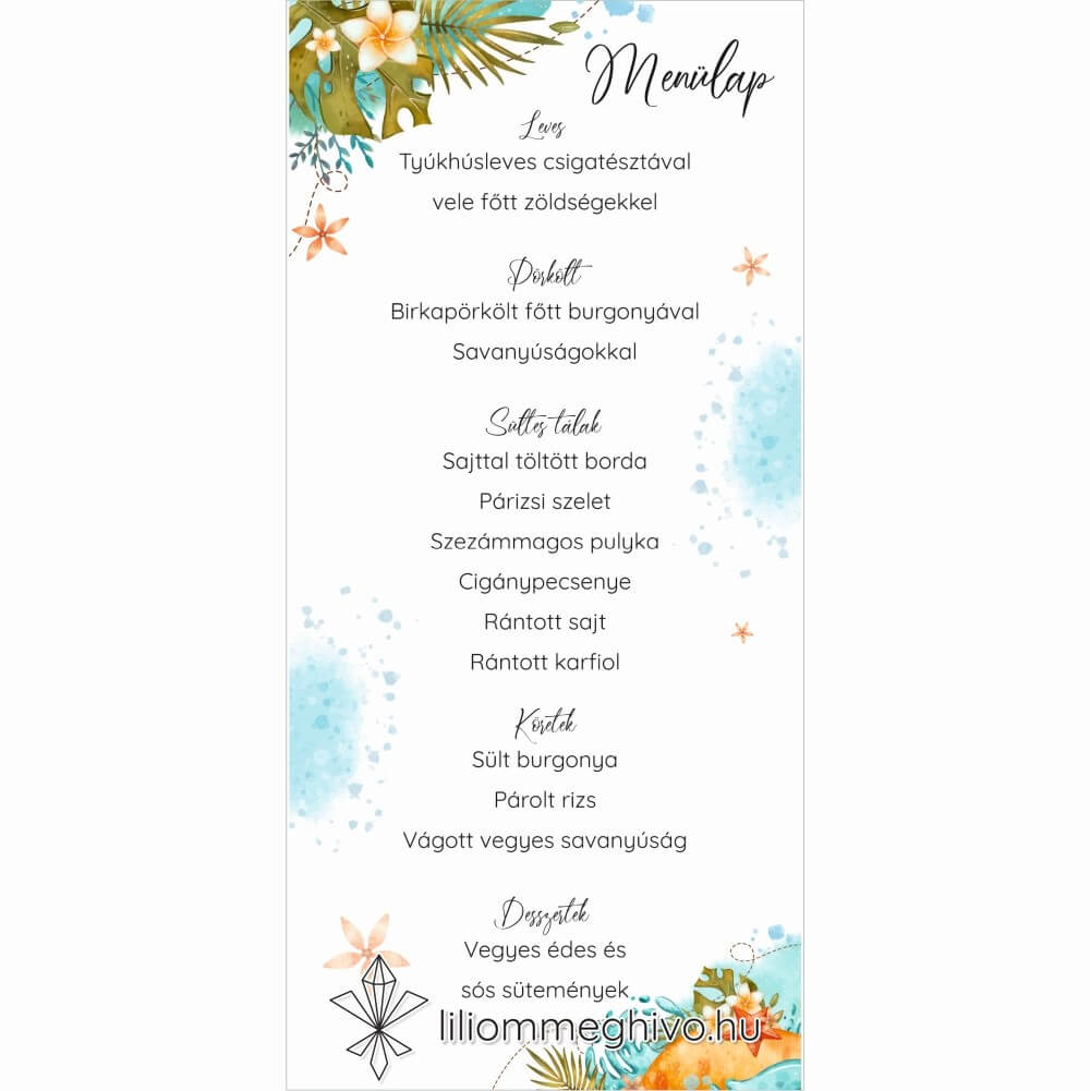 Tunézia esküvői menükártya tengerparti rajzokkal egyoldalas változat