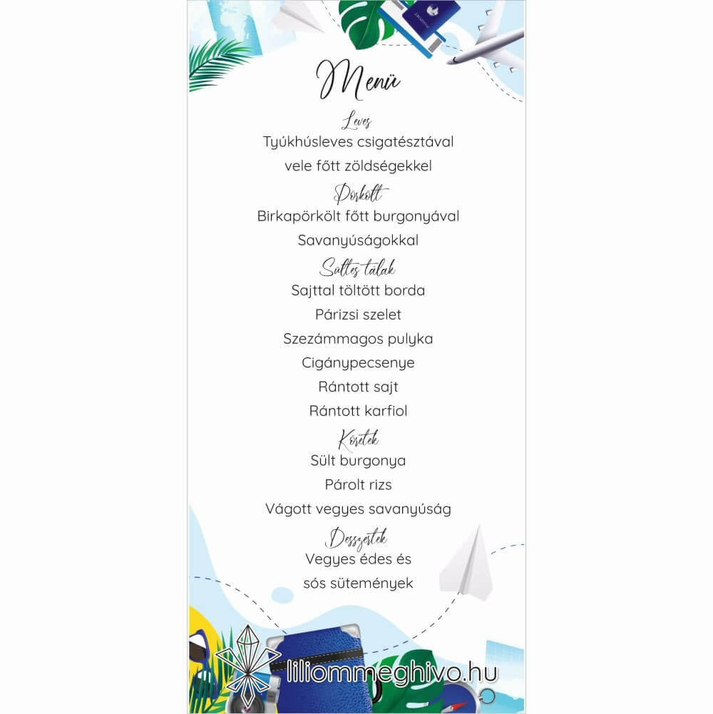 Világjáró esküvői menükártya élénk színek utazásos grafikák egyoldalas változat