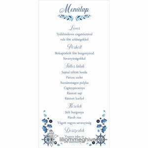 Vízivilág esküvői menükártya kék színek vizes grafikák