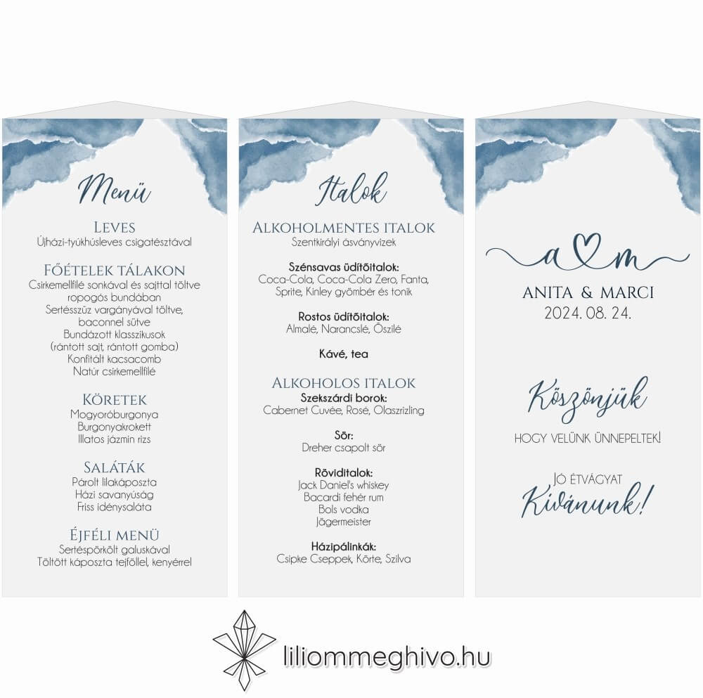 Fellegek esküvői menükártya festett stílus menüháromszög változat