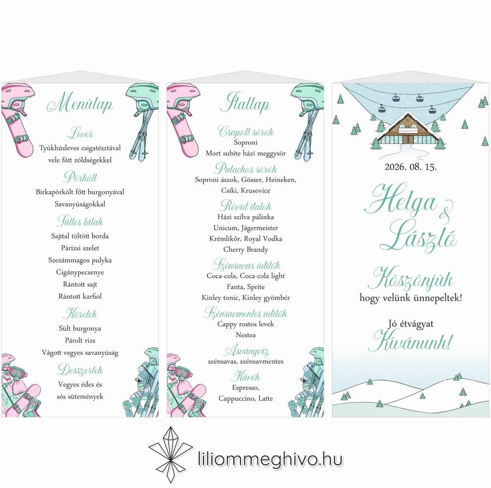eskuvoi-menukartya-haromoldalas-hutte-liliommeghivo Hütte esküvői menüháromszög pasztell színek síelős hangulat