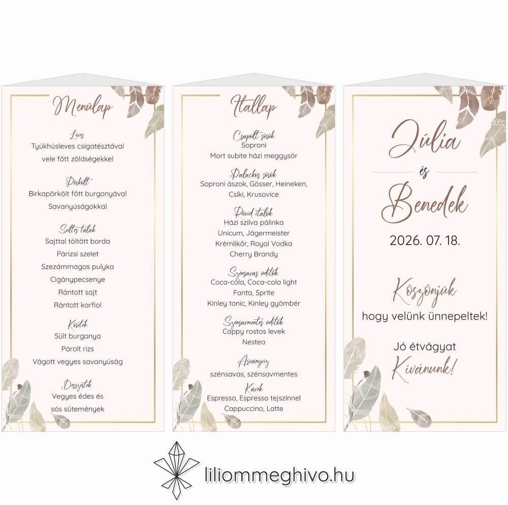 eskuvoi-menukartya-haromoldalas-indian-liliommeghivo Indián esküvői menükártya pasztell színű tollakkal menüháromszög változat