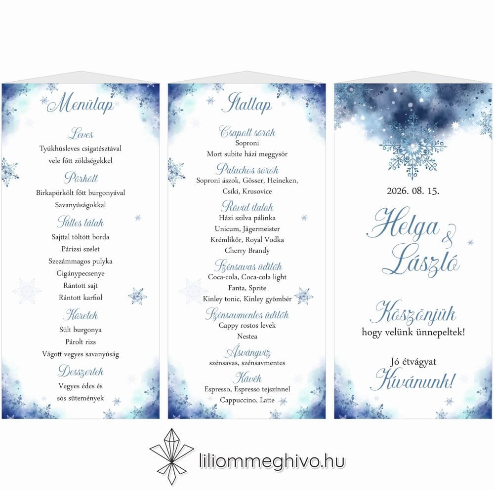 eskuvoi-menukartya-haromoldalas-jegvarazs-liliommeghivo Jégvarázs esküvői menüháromszög festett kék háttér szikrázó jégkristályok