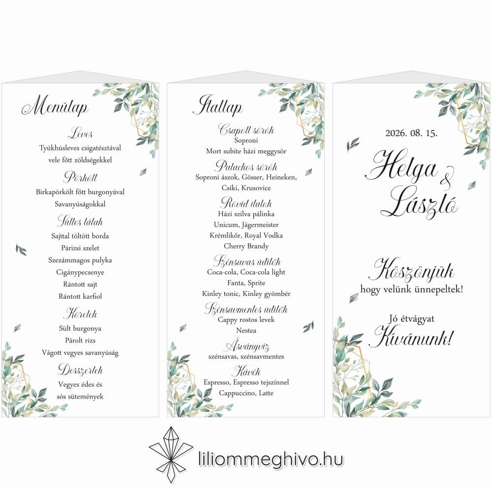 Kőris esküvői menüháromszög zöld színek greenery hangulat