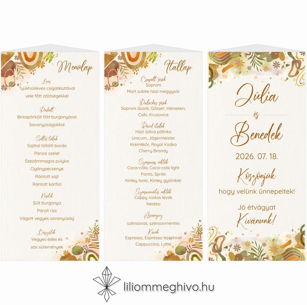 Őszi kavalkád esküvői menüháromszög pasztell színek levelek