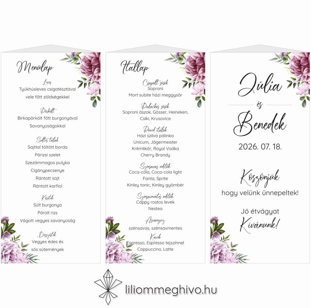 Szellőrózsa esküvői menükártya színes virágkerettel menüháromszög változat