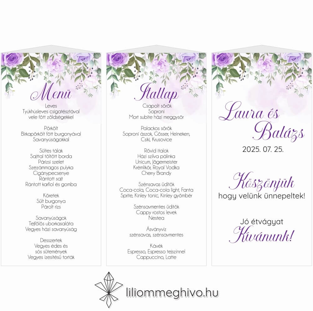 eskuvoi-menukartya-haromoldalas-tavasz-liliommeghivo Tavasz esküvői menükártya lila virágokkal menüháromszög változat