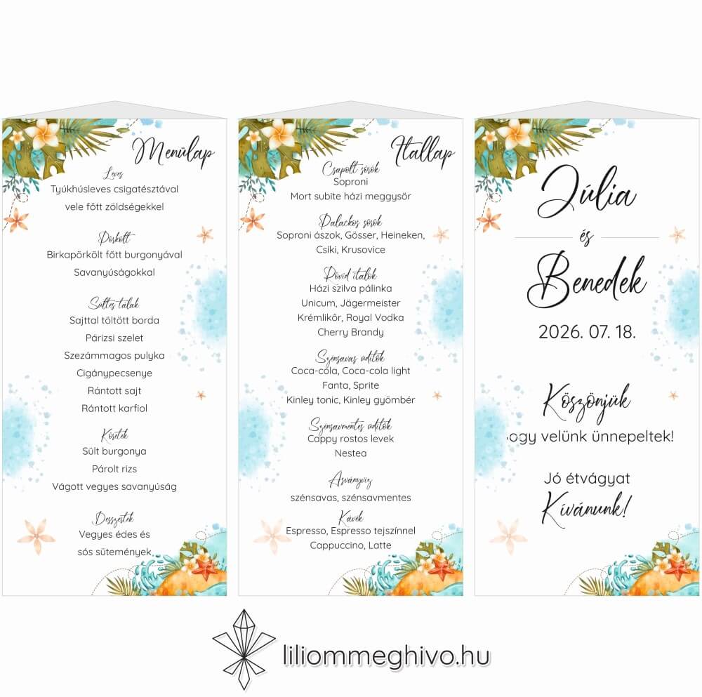 Tunézia esküvői menükártya tengerparti rajzokkal menüháromszög változat
