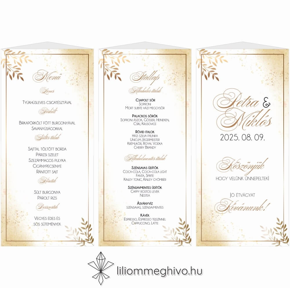 eskuvoi-menukartya-heromoldalas-aranypor-liliommeghivo Aranypor esküvői menükártya elegáns arany színű csillogás menüháromszög verzió