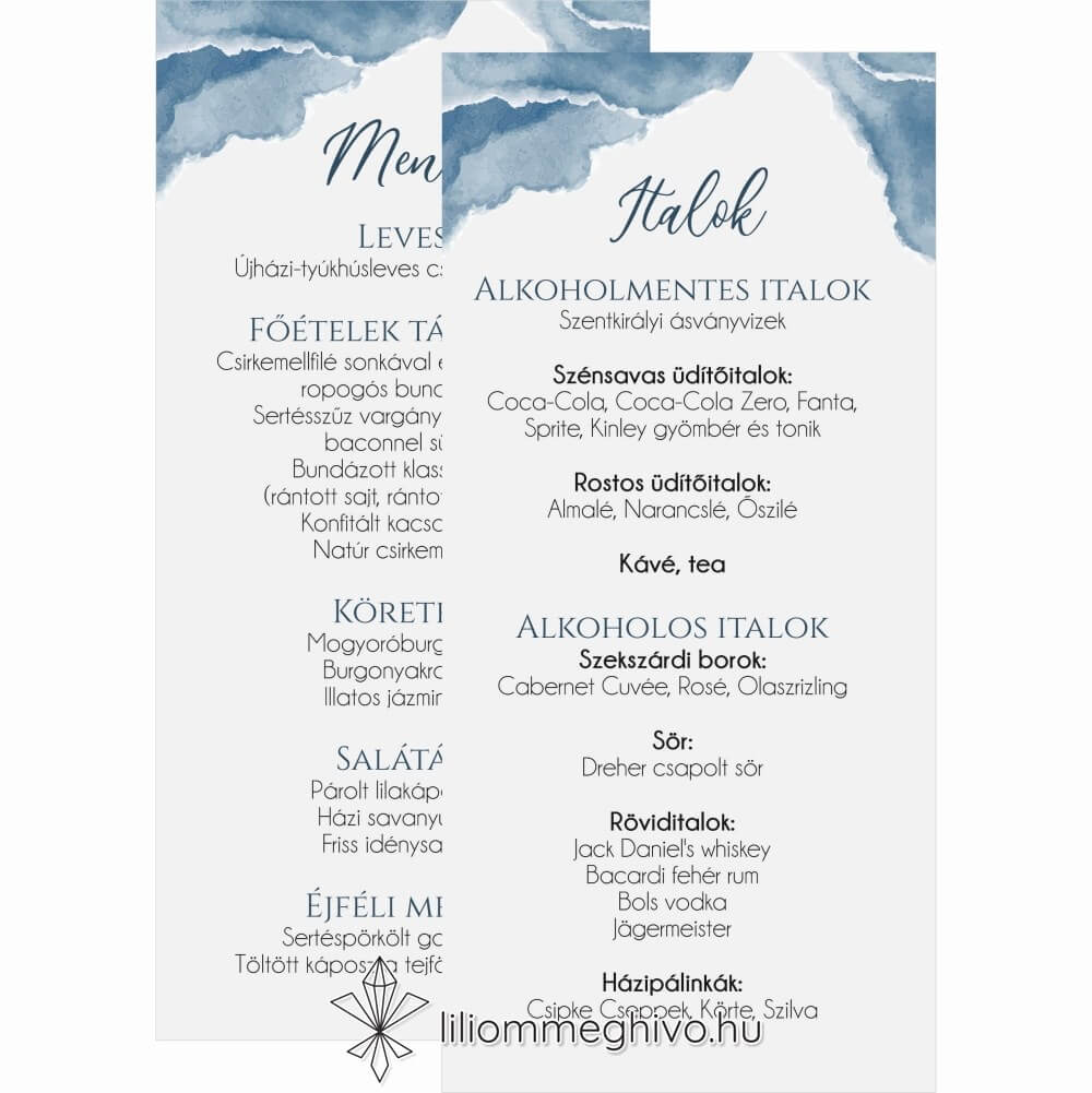 Fellegek esküvői menükártya festett stílus kétoldalas változat