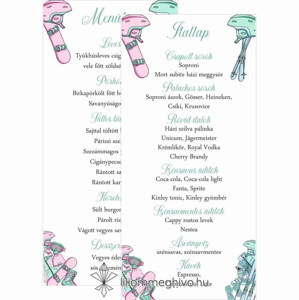 eskuvoi-menukartya-ketoldalas-hutte-liliommeghivo Hütte esküvői menükártya pasztell színek síelős hangulat kétoldalas változat