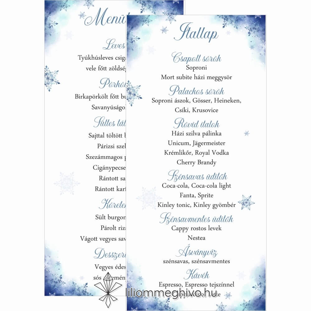 eskuvoi-menukartya-ketoldalas-jegvarazs-liliommeghivo Jégvarázs esküvői menükártya festett kék háttér szikrázó jégkristályok kétoldalas változat