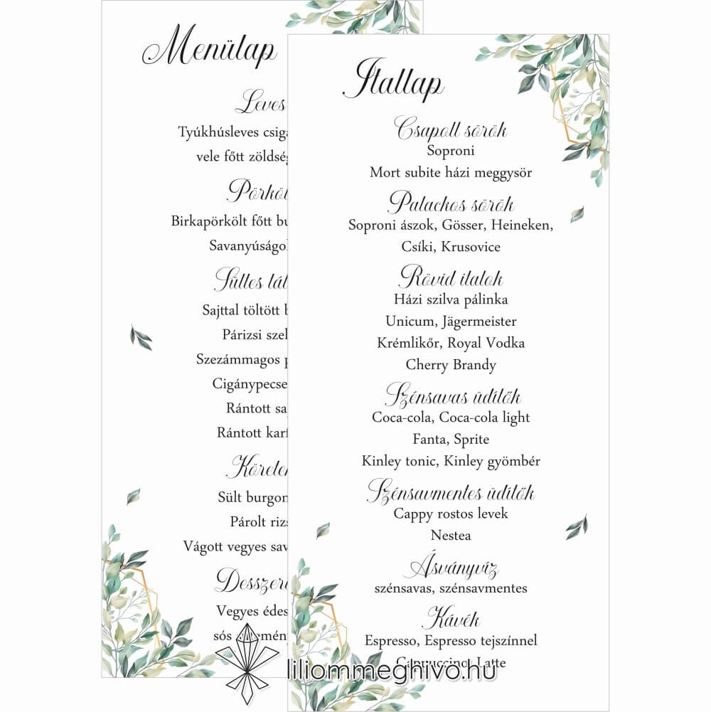 Kőris esküvői menükártya zöld színek greenery hangulat kétoldalas változat