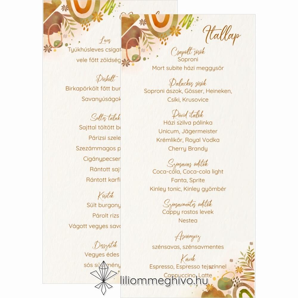 Őszi kavalkád esküvői menükártya pasztell színek levelek kétoldalas változat