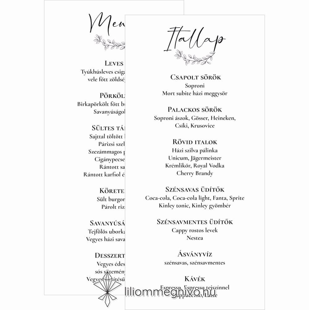 Szignó esküvői menükártya modern fekete-fehér stílus kétoldalas változat