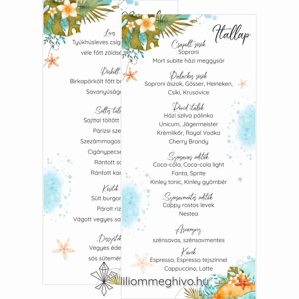 Tunézia esküvői menükártya tengerparti rajzokkal kétoldalas változat