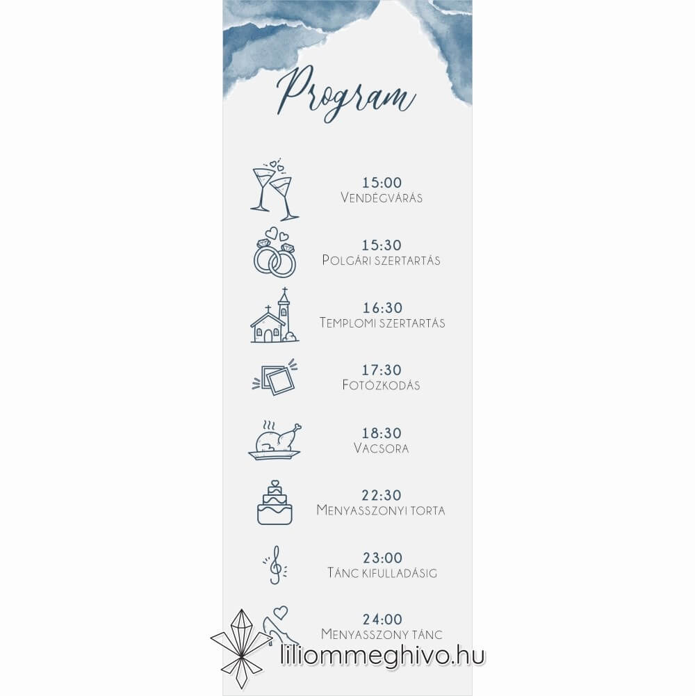 Fellegek esküvői programkártya festett stílus egyoldalas változat